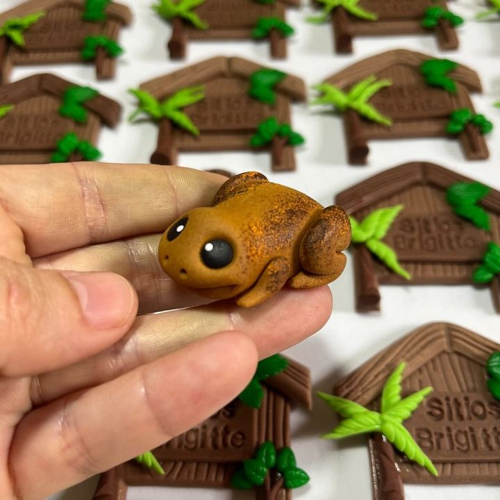 Peça de sapinho-da-montanha em biscuit modelada à mão, segurada na mão.