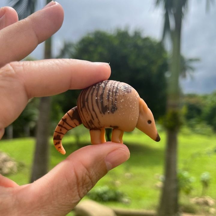 Peça de tatu-galinha em biscuit modelada à mão, segurada na mão.